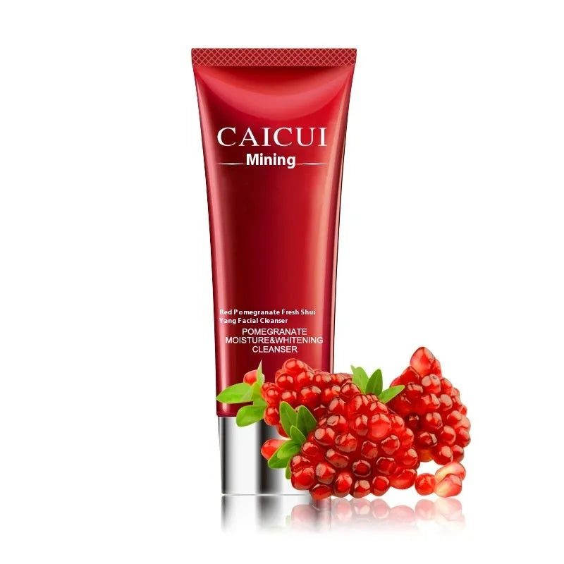 Red pomegranate skincare set with four bottles: face wash, toner, lotion, and facial cream.