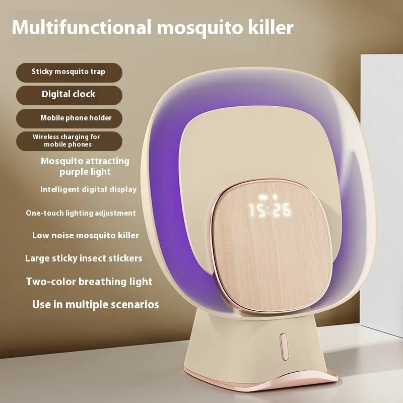 Wireless sticky mosquito killer lamp with clock and ambience light on a table, ABS plastic, 16.9x11.1x20.5cm