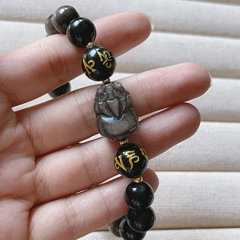 Men's natural silver stone bracelet with handcrafted Chinese zodiac engravings and beaded design