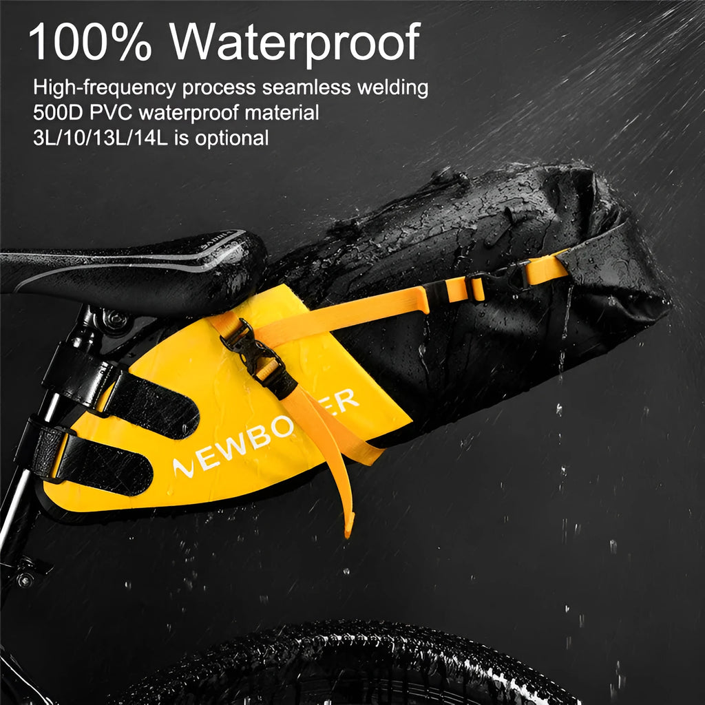Yellow waterproof PVC bicycle tail bag mounted on a bike rack, showing its 13-litre capacity and sturdy construction.