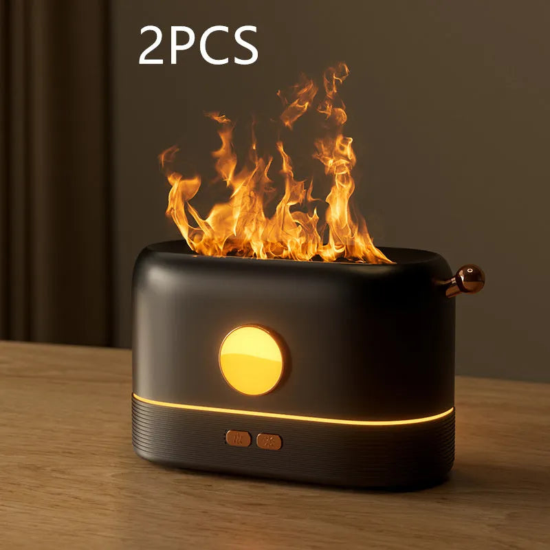 USB desktop humidifier with simulation flame effect and 200ml water tank in black, green or white colours