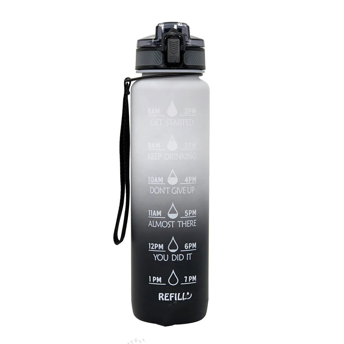 1000ml food-grade plastic sports water bottle, 29.5cm tall, in gradient blue-green colour.