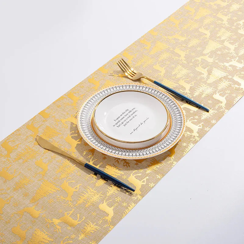 Christmas table runner with elk and snowman design on cotton linen fabric