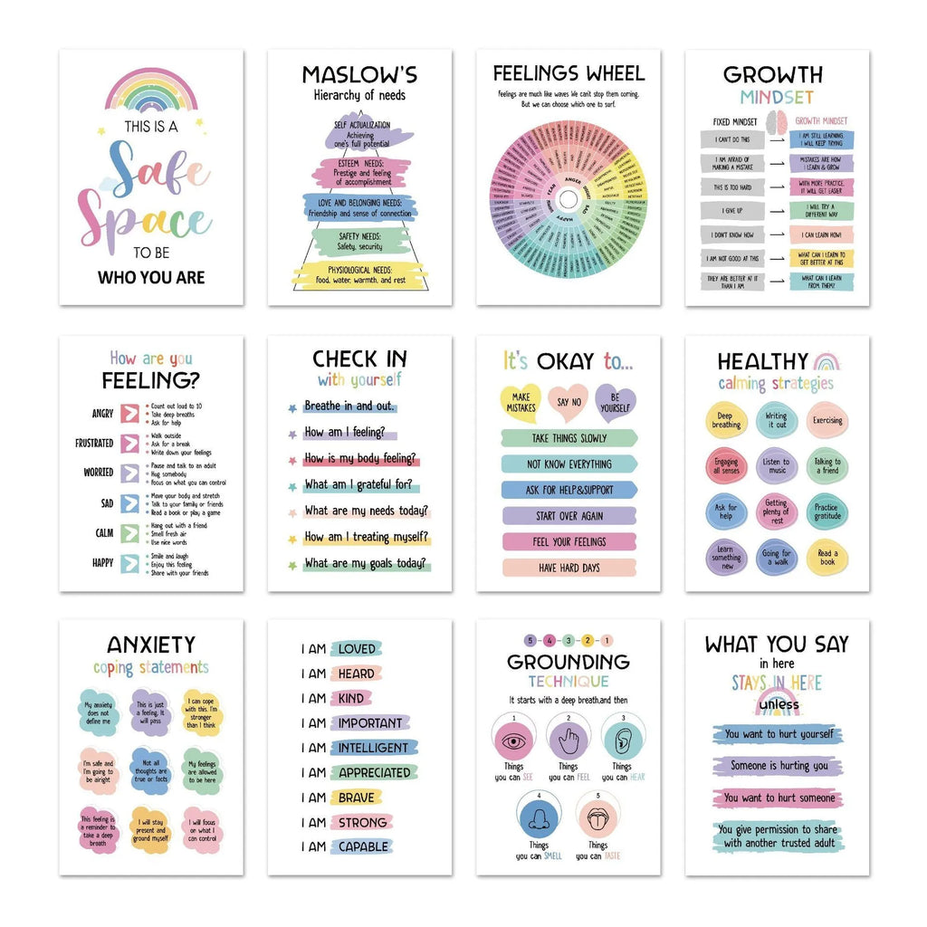 Set of 12 mental health posters on coated paper with bright film finish, 255x355mm each, including glue dots