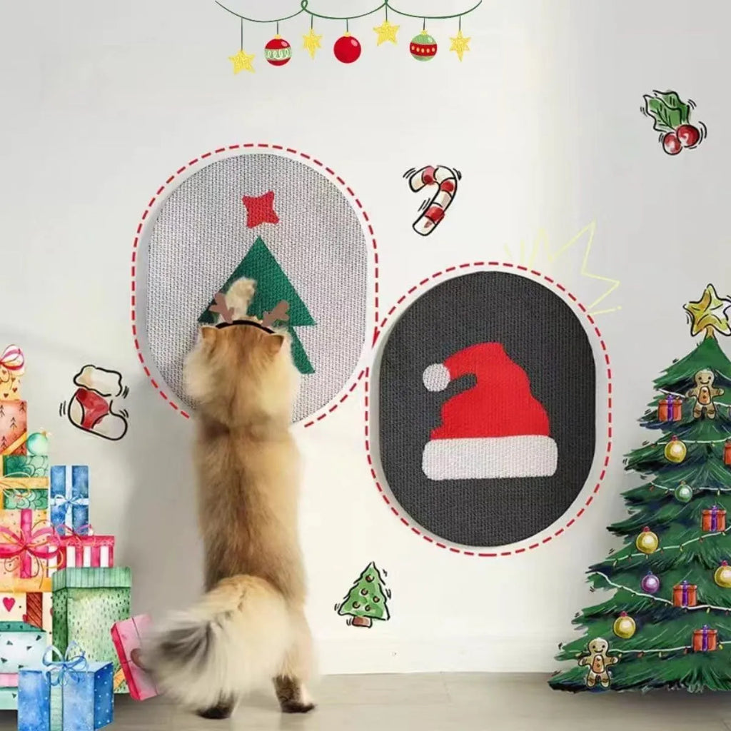 Vertical wall-mounted cat scratching pad made of corrugated cardboard on a home wall.