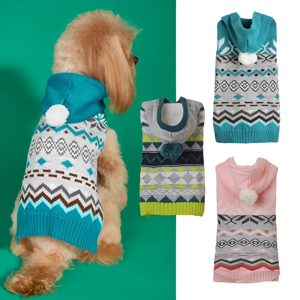 Green acrylic pet sweater with a diamond pattern knit for a dog, showing sizes XS to XL