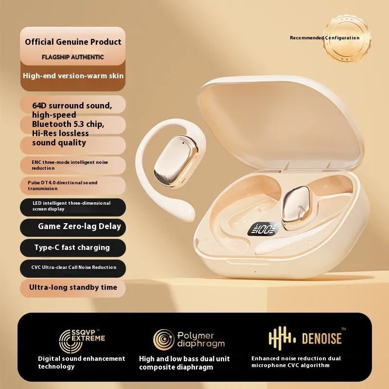 Ear-mounted wireless headphones with digital display screen on side, shown in skin colour.