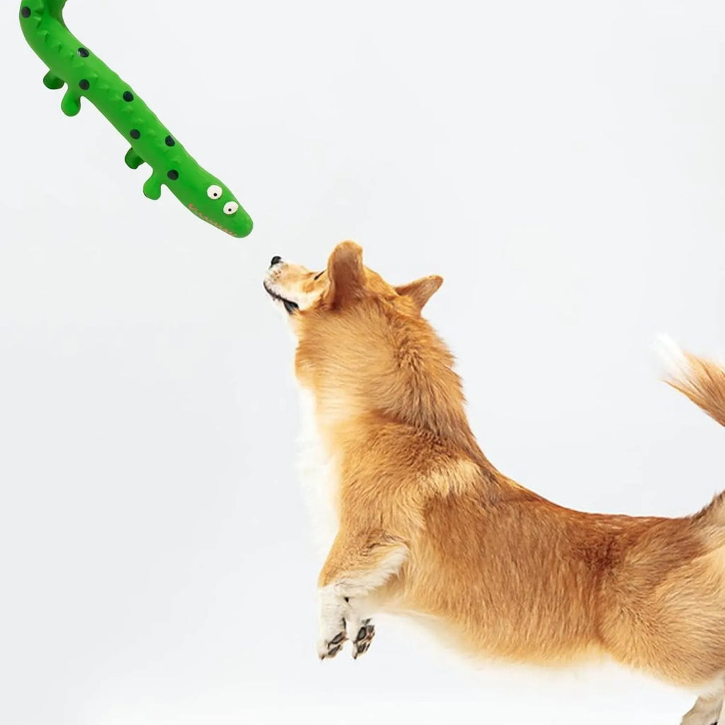 Green cartoon lizard-shaped squeaky dog chew toy for aggressive chewers.