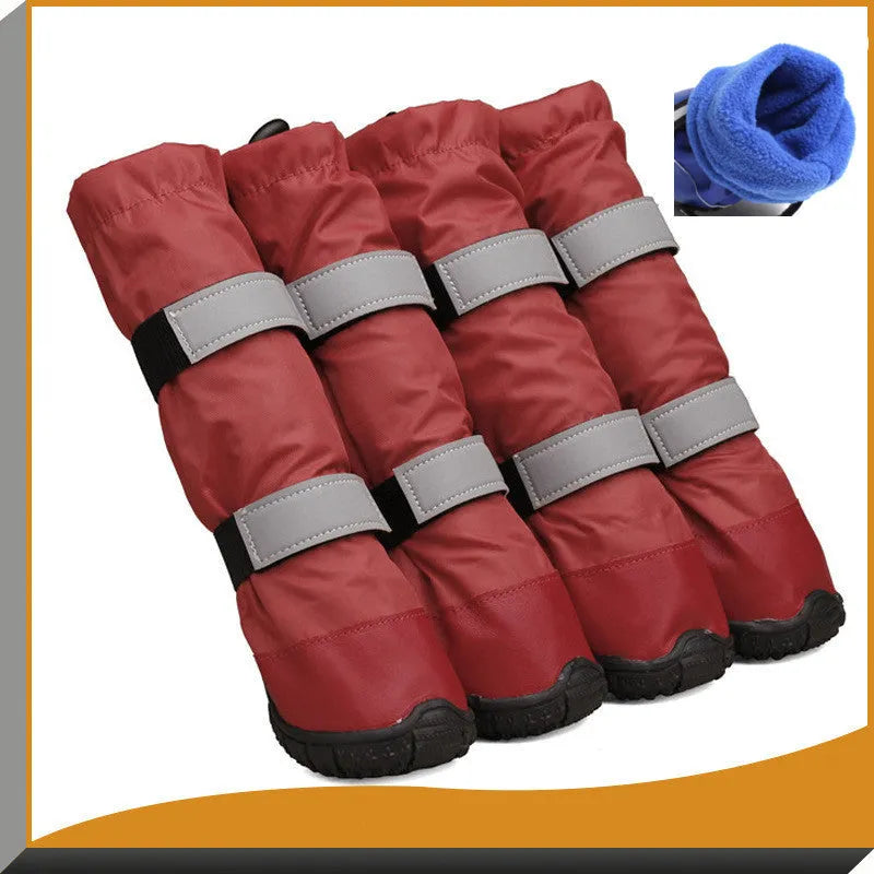 Waterproof dog rain boots with flannel lining and reflective straps, available in blue black red sizes XS to XXL