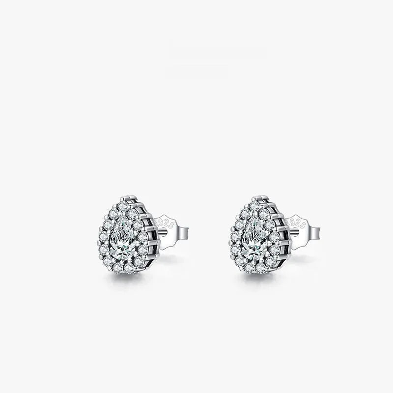 Women's silver water drop ear studs in 925 sterling silver with diamond treatment finish