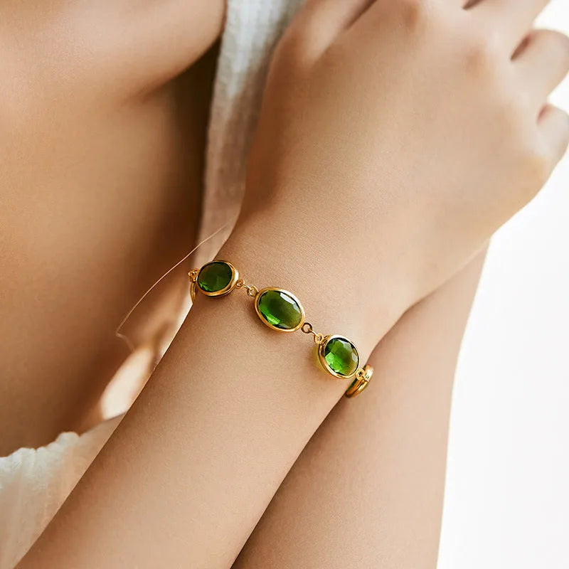 18K copper women's bracelet with elliptical geometry and blue green multicolor glass inlay