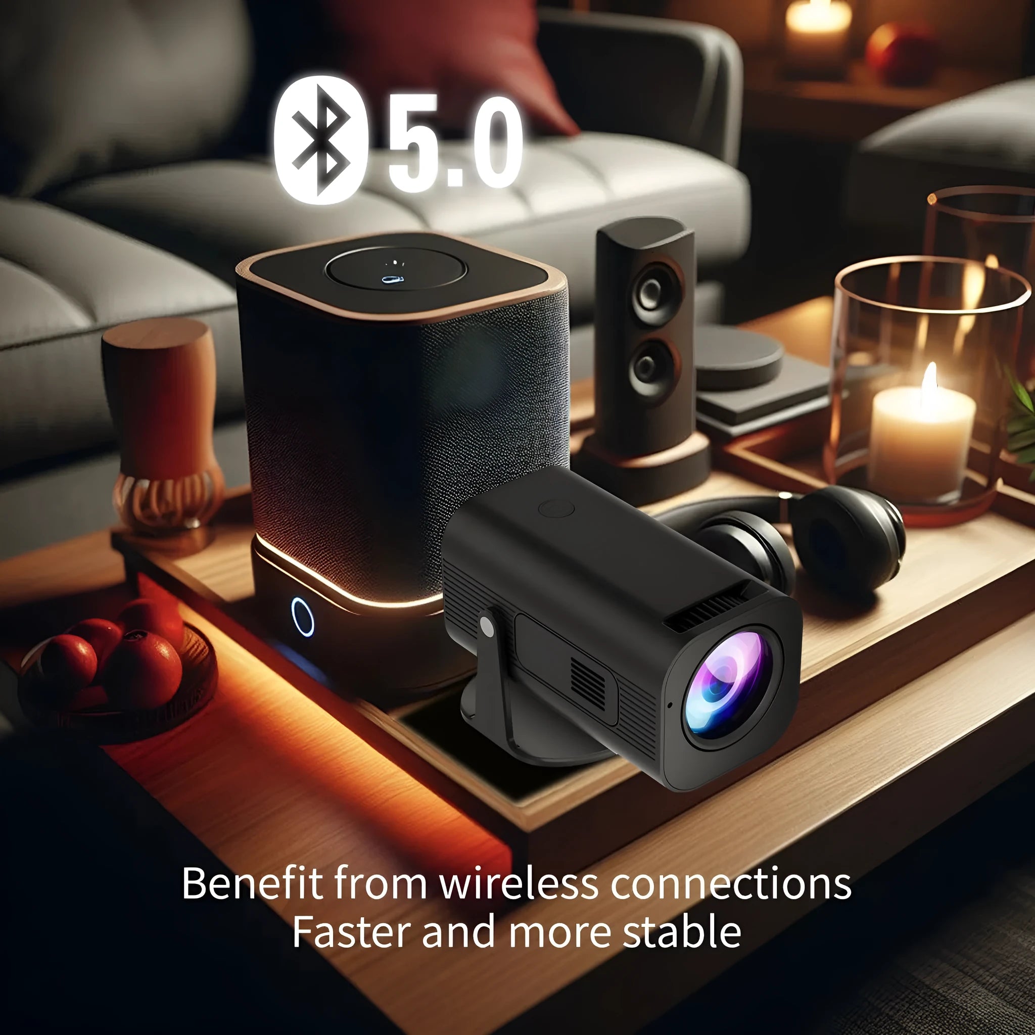 Black or white portable mini projector with remote control showing mobile phone connectivity