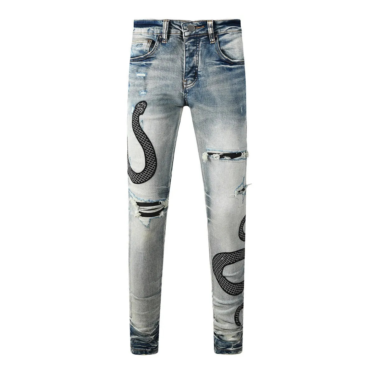 Man wearing 8934Blue distressed skinny jeans with a retro wash and skinny leg fit.