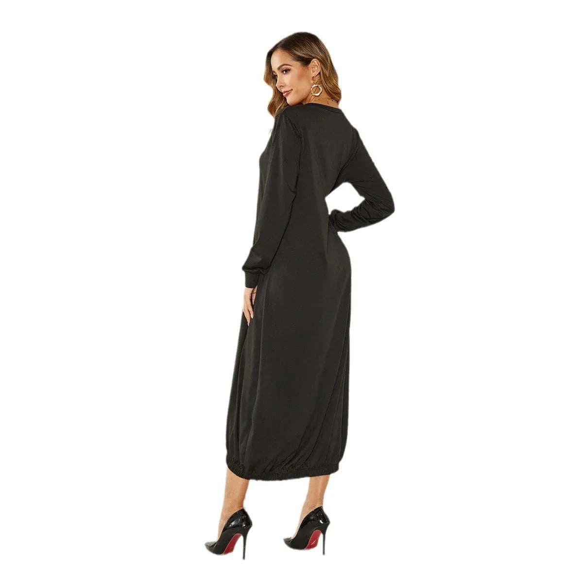 Women's black loose long lantern dress with lace-up crew neck, knitted polyester casual wear.