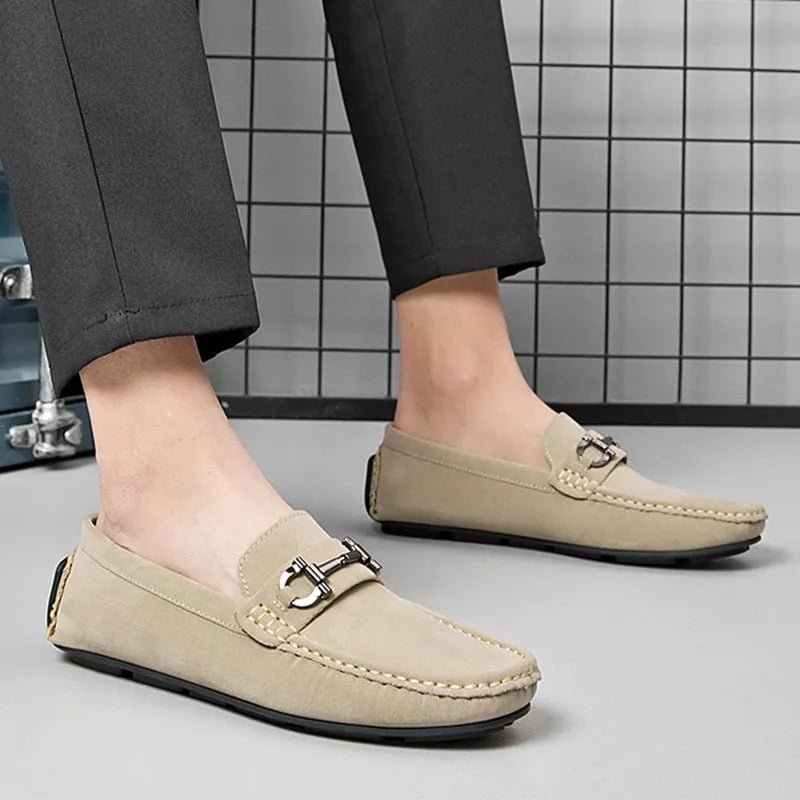 Men's casual slip-on Doug shoes in black, brown, or beige with two-layer cowhide upper, leather lining, and rubber sole.