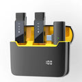 Wireless collar clip microphone set with charging bin, two transmitters, receiver, and data cable in black or yellow.