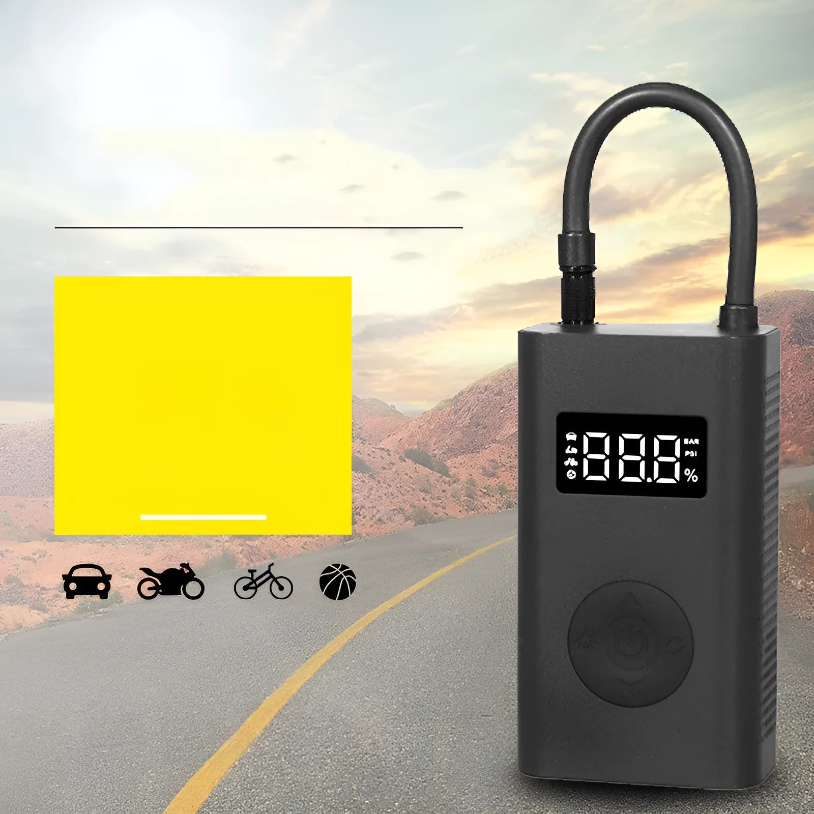 Black wireless cordless car air pump with USB charging, 150psi, 25L/min, 2000mAh, and LED light