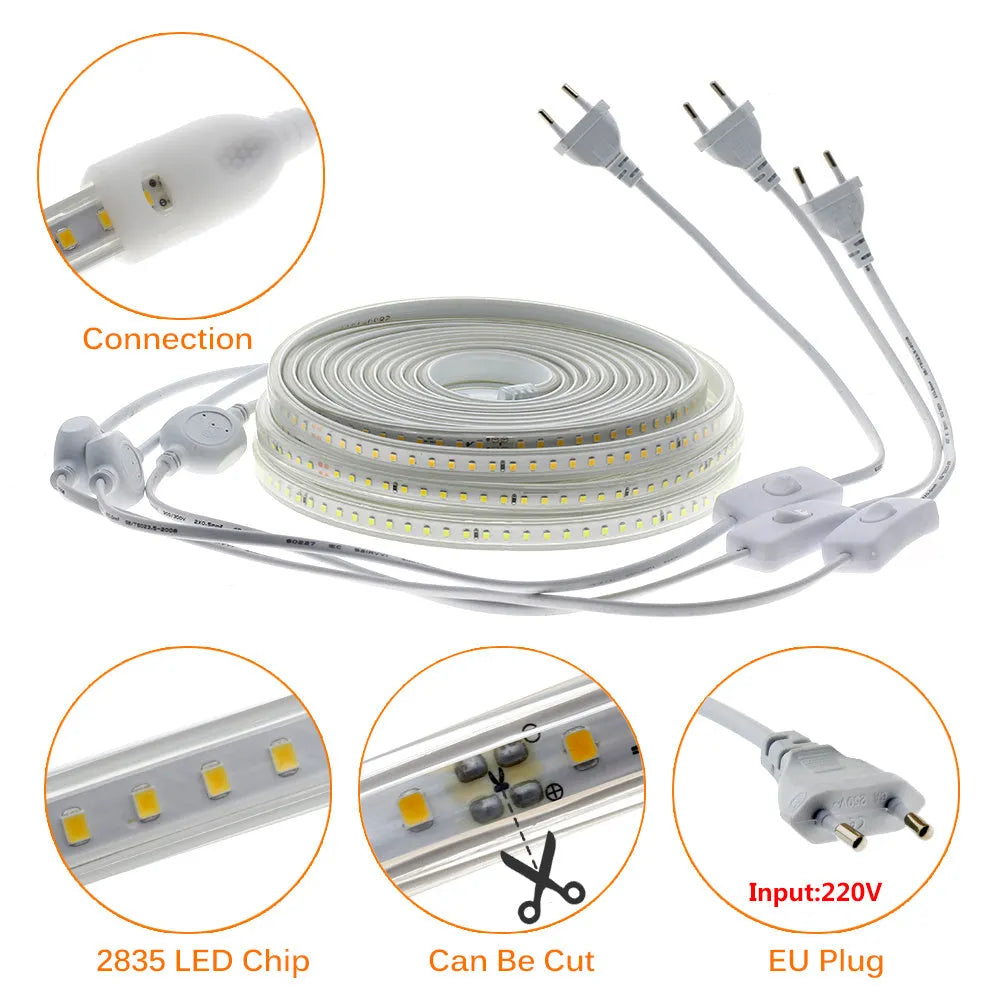 220V LED strip light with 120 LEDs per metre, waterproof, white light, 13mm width, EU plug