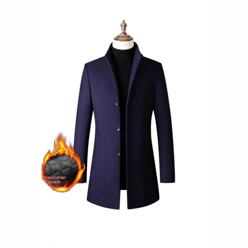 Men's single-breasted stand collar cotton padded wool blend winter trench coat in grey