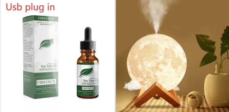Wood finish Lunar humidifier night light with spherical design on a table.