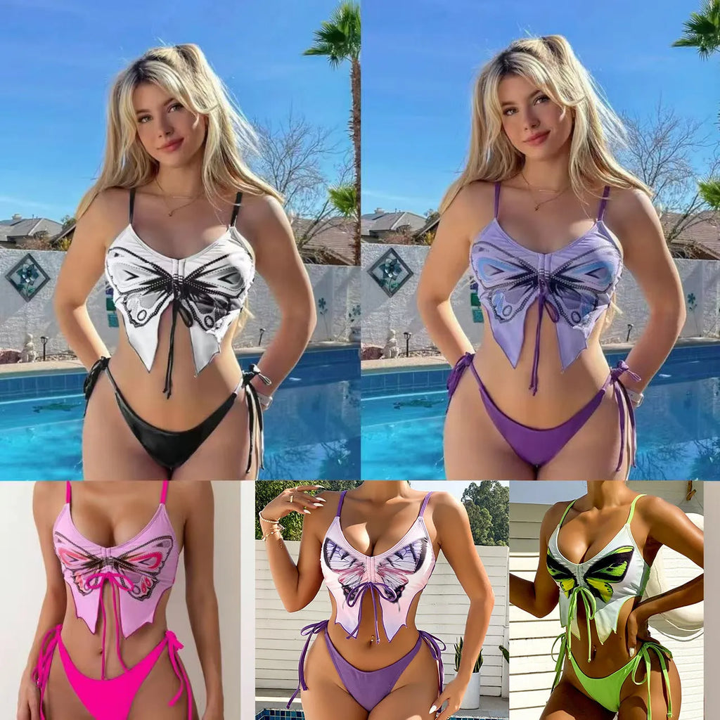 Women's purple bikini swimsuit with bow detail on top and split leg briefs.
