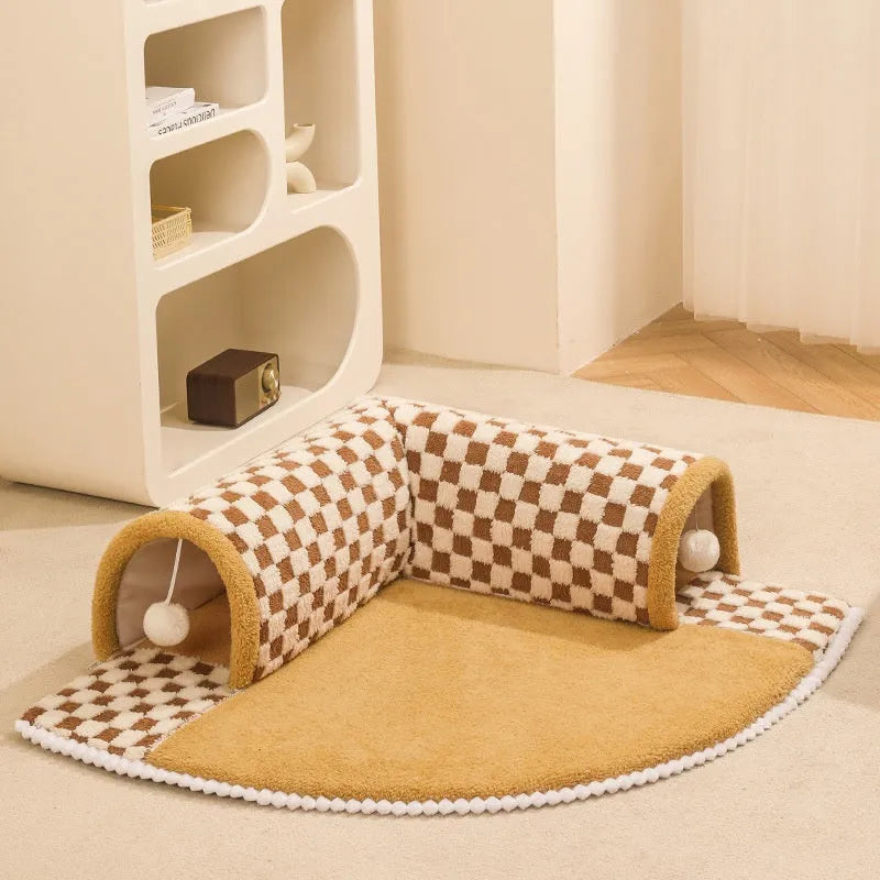 Plush plaid cat tunnel bed with non-slip bottom and central mat for indoor cats