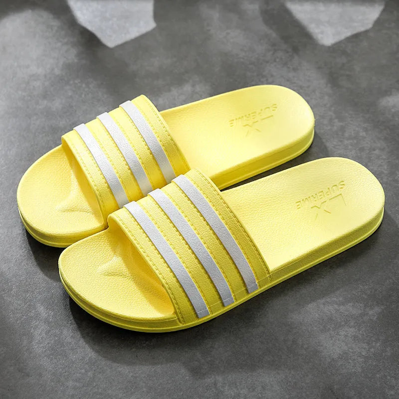 White stripes PVC bathroom slippers for women and men with three-bar design and injection moulded sole