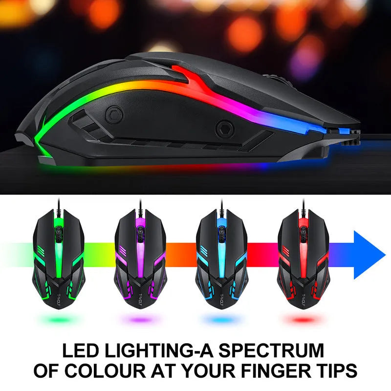 Thunder Wolf T800 wired gaming bundle showing keyboard, mouse, headset, and mouse mat with RGB lighting