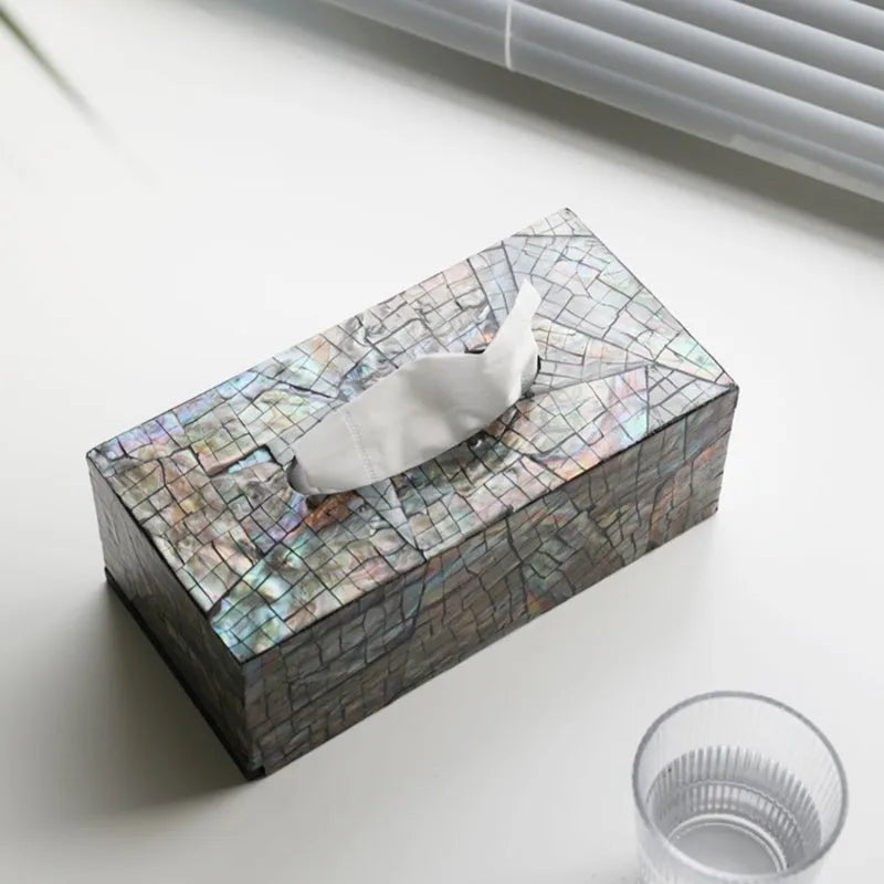 Black natural shell decorative storage box with removable tray for tissue box organisation.