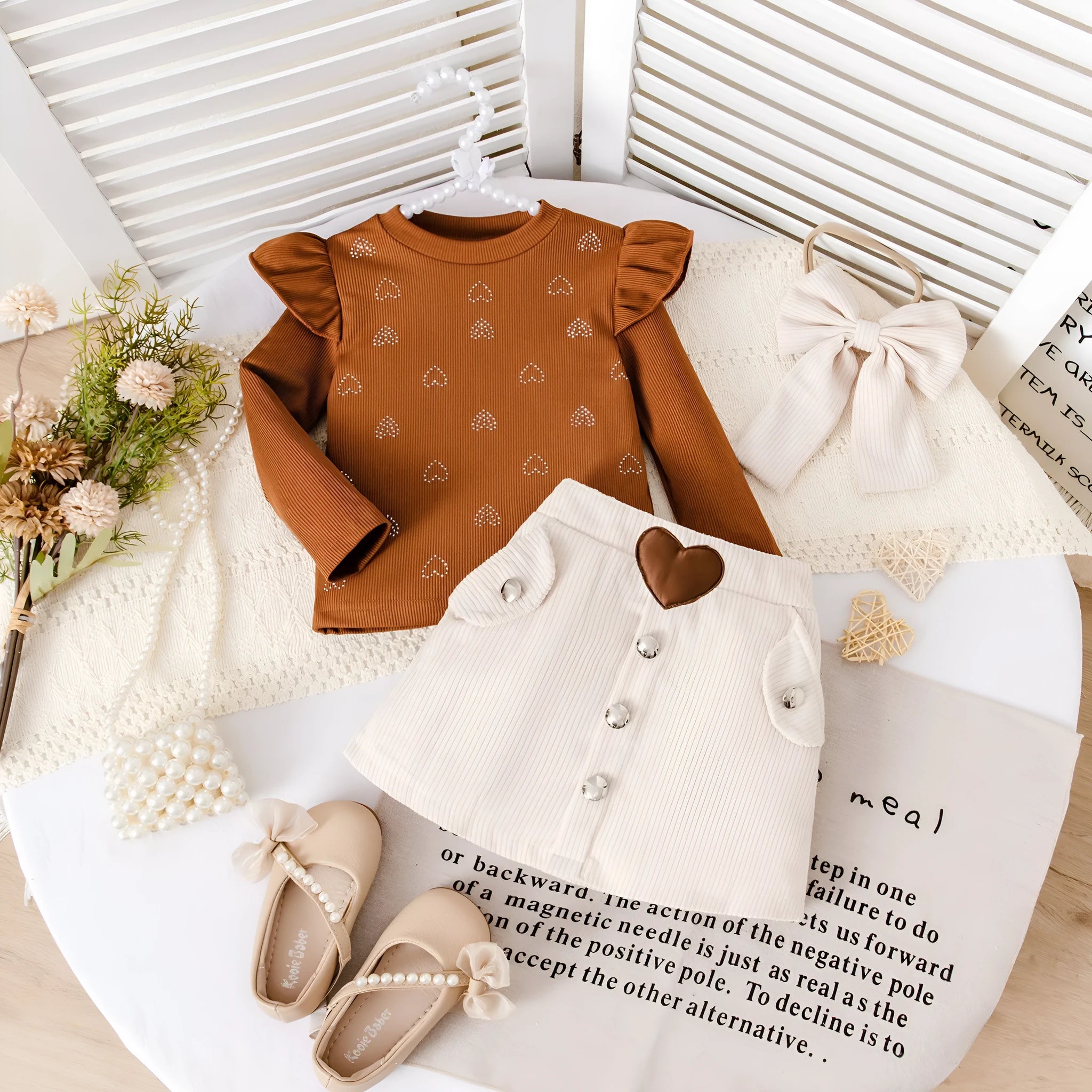 Cute printed striped long-sleeve dress set in brown for girls cotton pullover top and skirt 90-130cm