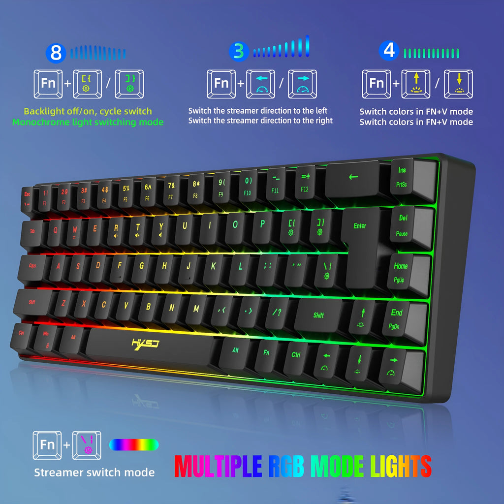 Mechanical feeling membrane gaming keyboard with 68 keys, compact ABS design, 1.7m cable, black colour