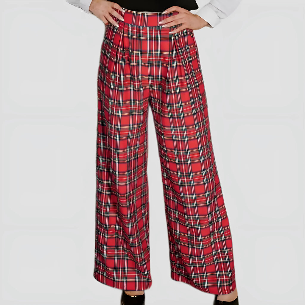 Red women's casual lattice loose trousers with elastic waist, loose fit, temperment commute style