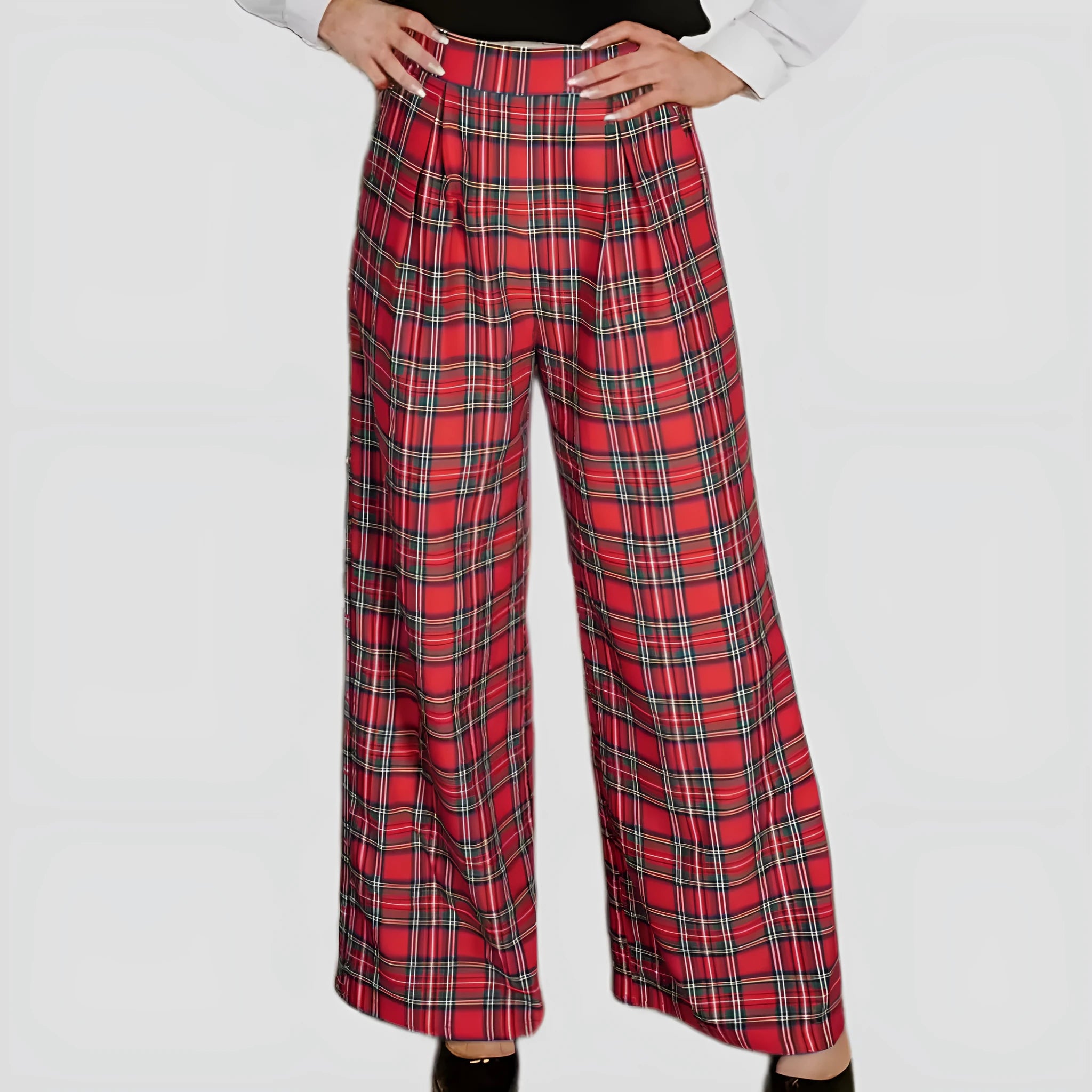 Red women's casual lattice loose trousers with elastic waist, loose fit, temperment commute style