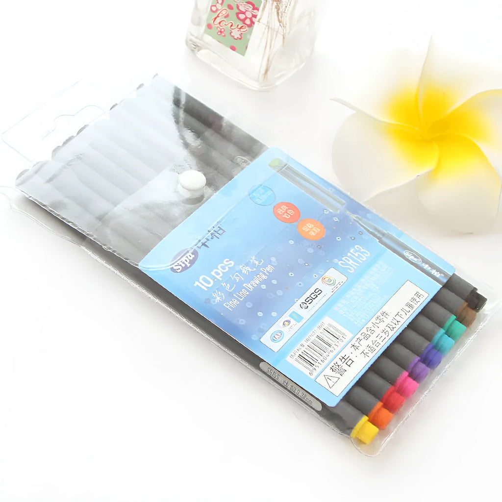 Pack of ten black hook line technical drawing pens with 0.38mm fine tips on a white surface.