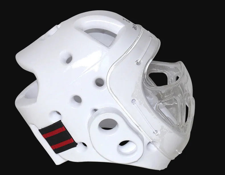 Karate helmet protective head equipment in white, blue, or red colours available in S, M, L, XL sizes