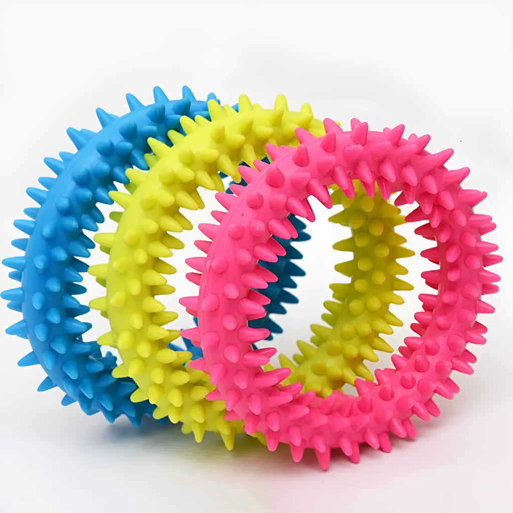 Blue spiky circle ring dog chew toy made from TPR for cleaning teeth and bite training.