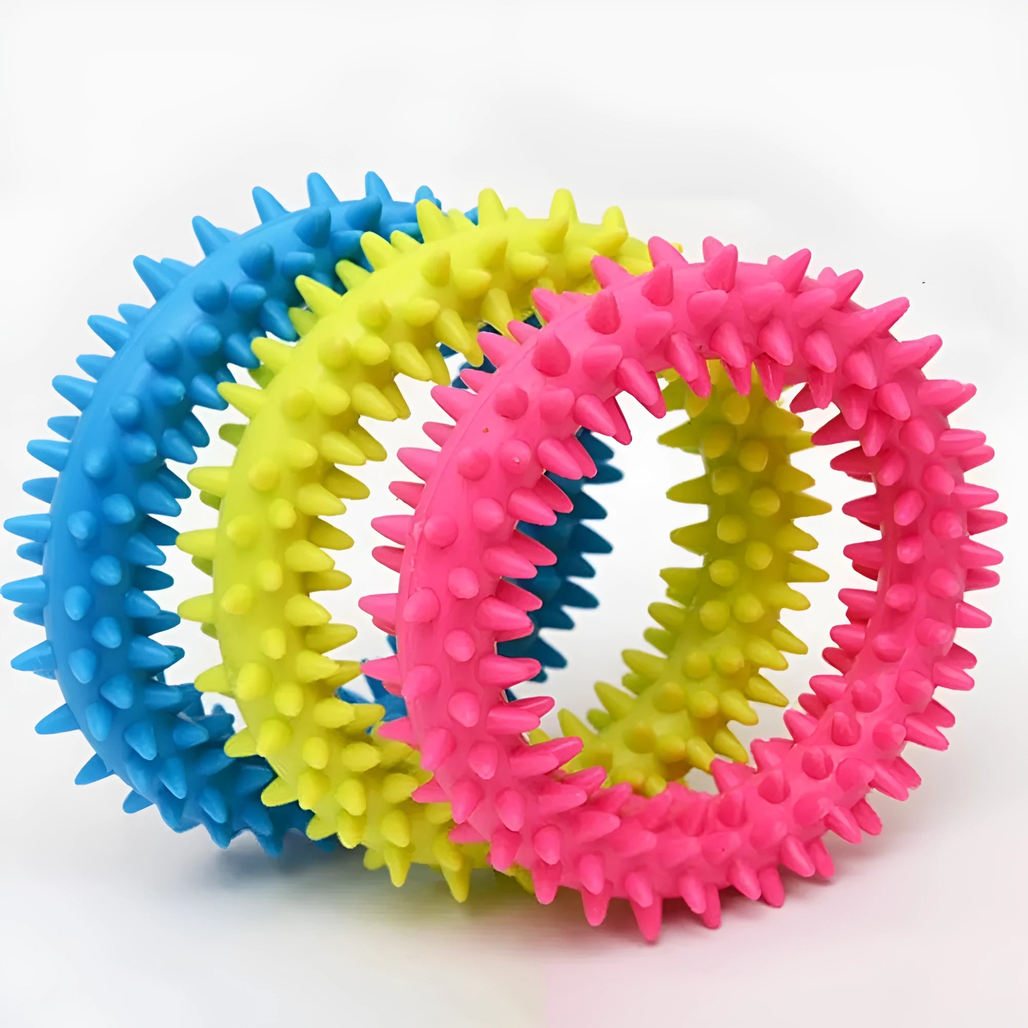 Blue spiky circle ring dog chew toy made from TPR for cleaning teeth and bite training.