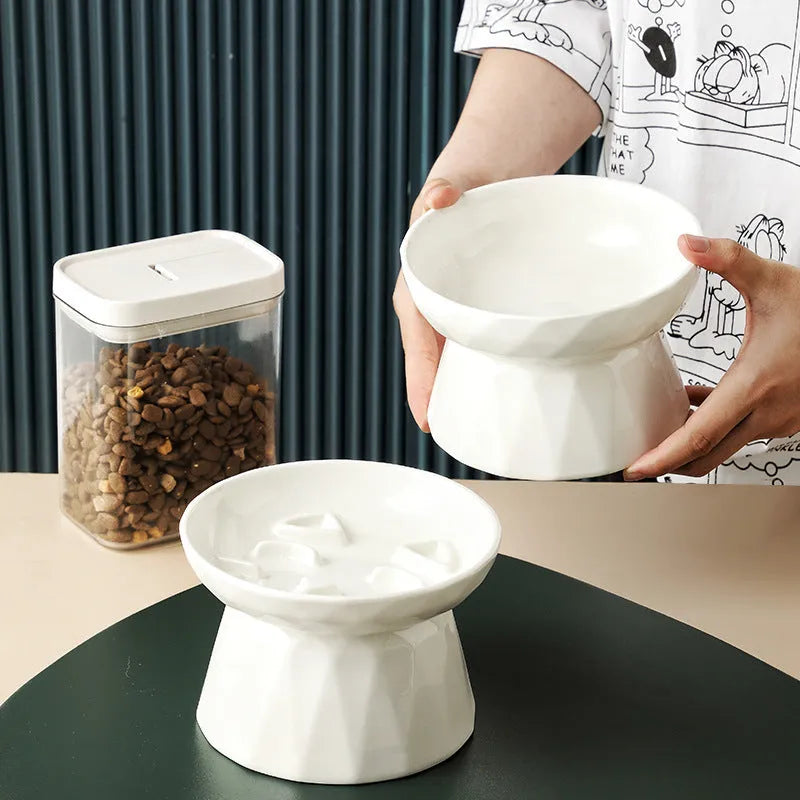 Ceramic tall cat bowl in neutral colour with raised design to protect spine during feeding