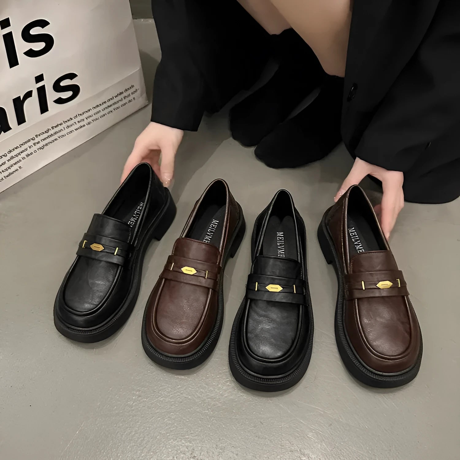 All-match metal commuter soft bottom soft surface small leather shoes for women - microfiber round toe flat heel, black or brown