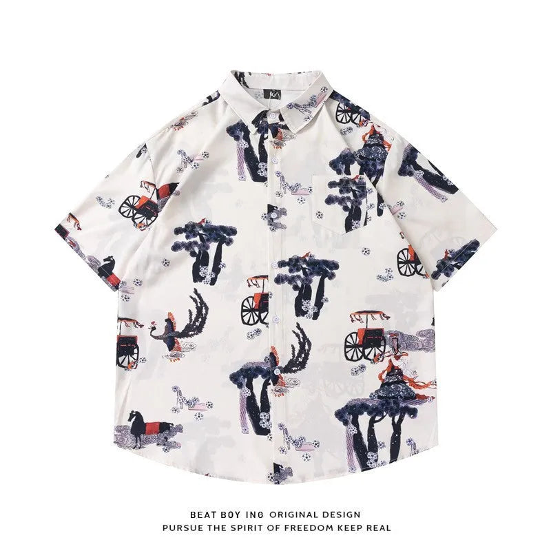 A loose short sleeve floral print cardigan-style shirt on a hanger.