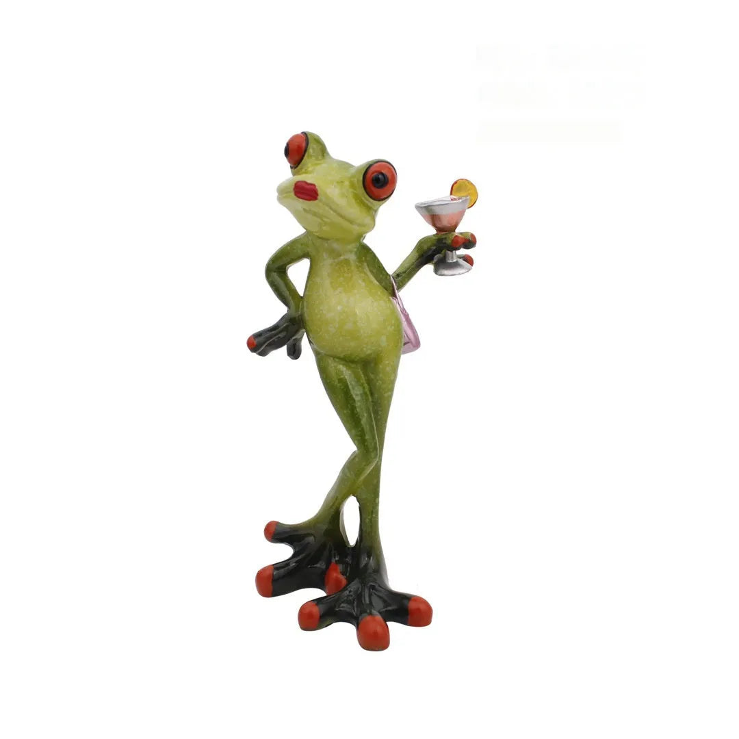 Pastoral style green resin frog decoration figurine on a wooden shelf.