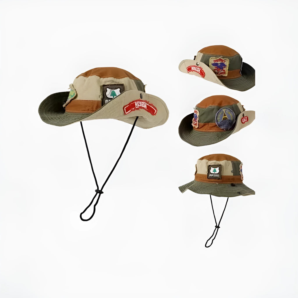 Army green cotton fisherman hat with a patchwork design and a flat-top crown.