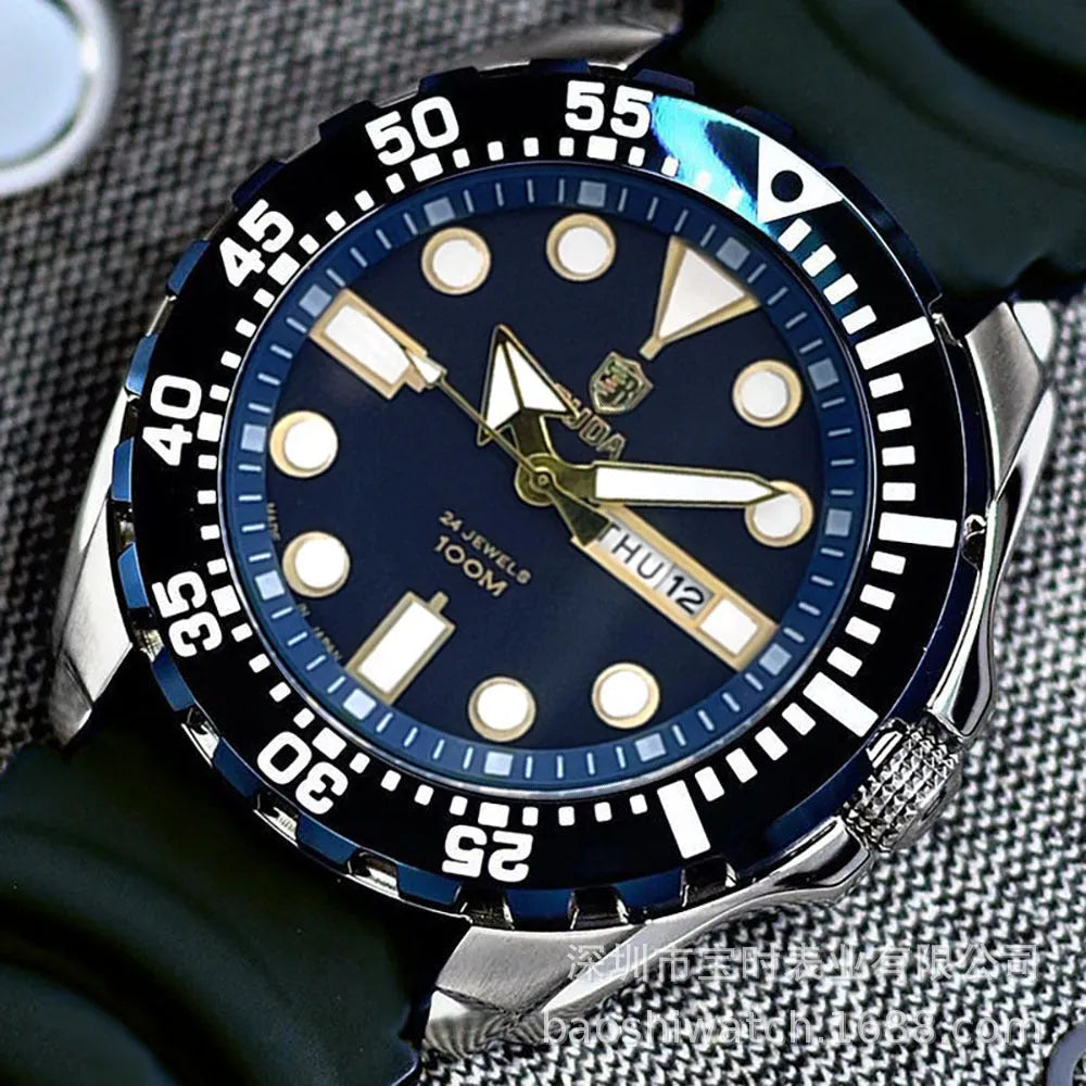 Men's waterproof watch with luminous quartz movement in silver case with blue dial and steel bracelet