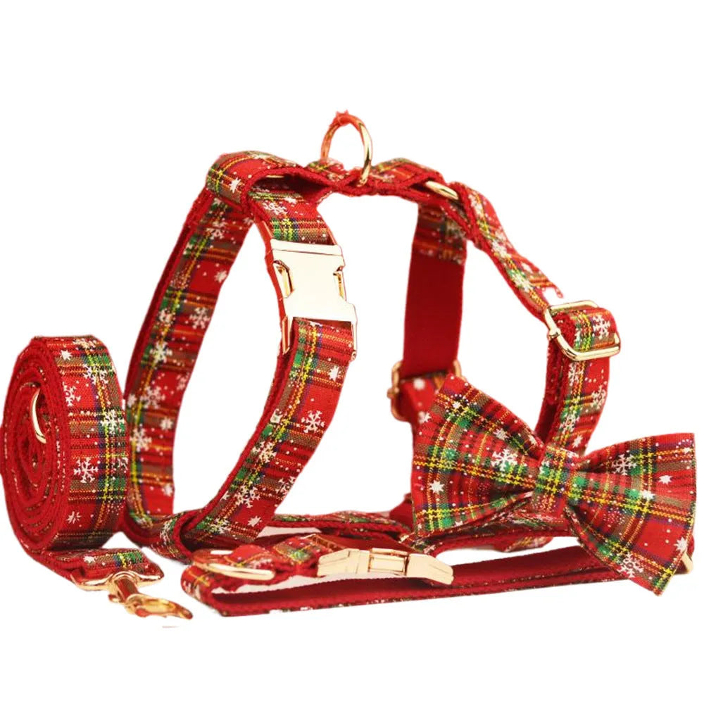 Red plaid snowflake Christmas dog collar, leash, vest and bow four-piece set