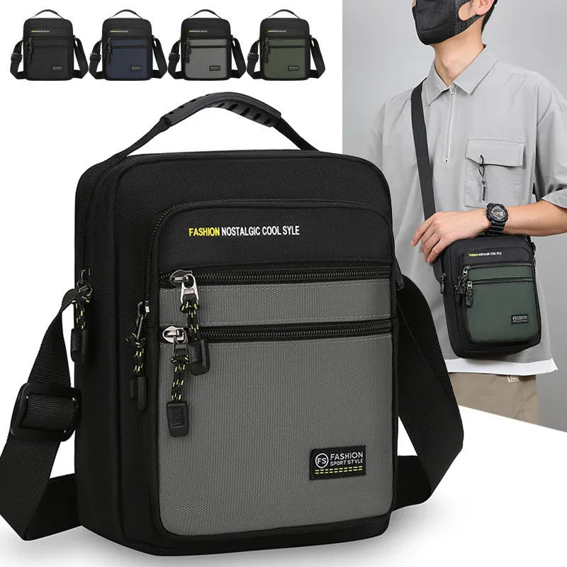 Men's nylon crossbody bag in a solid colour with a shoulder strap, showing urban simplicity style.