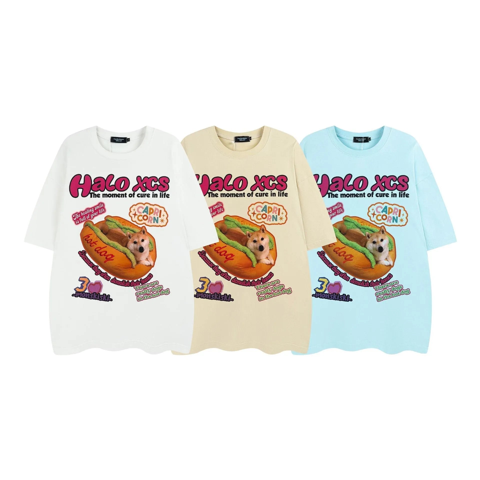 Cartoon hamburger dog printed cotton t-shirt in loose fit casual style with short sleeves