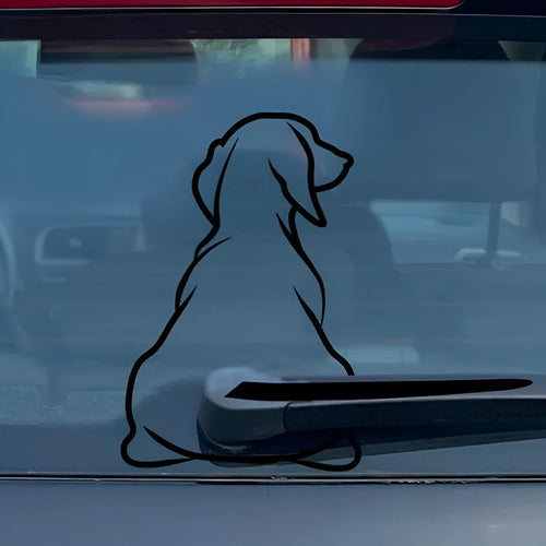 Black and white options of a cartoon dog with wiper rear window car sticker set showing body and tail dimensions.
