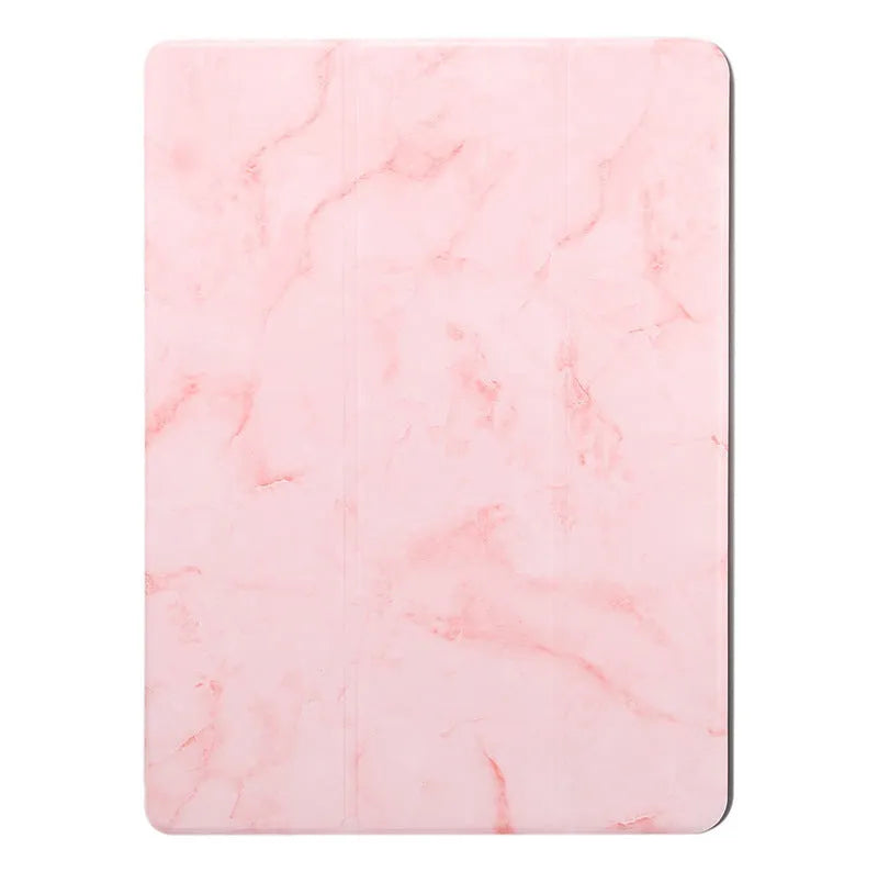 Tri-fold marbling design iPad case with pen slot in multiple colour options showing plane housing position
