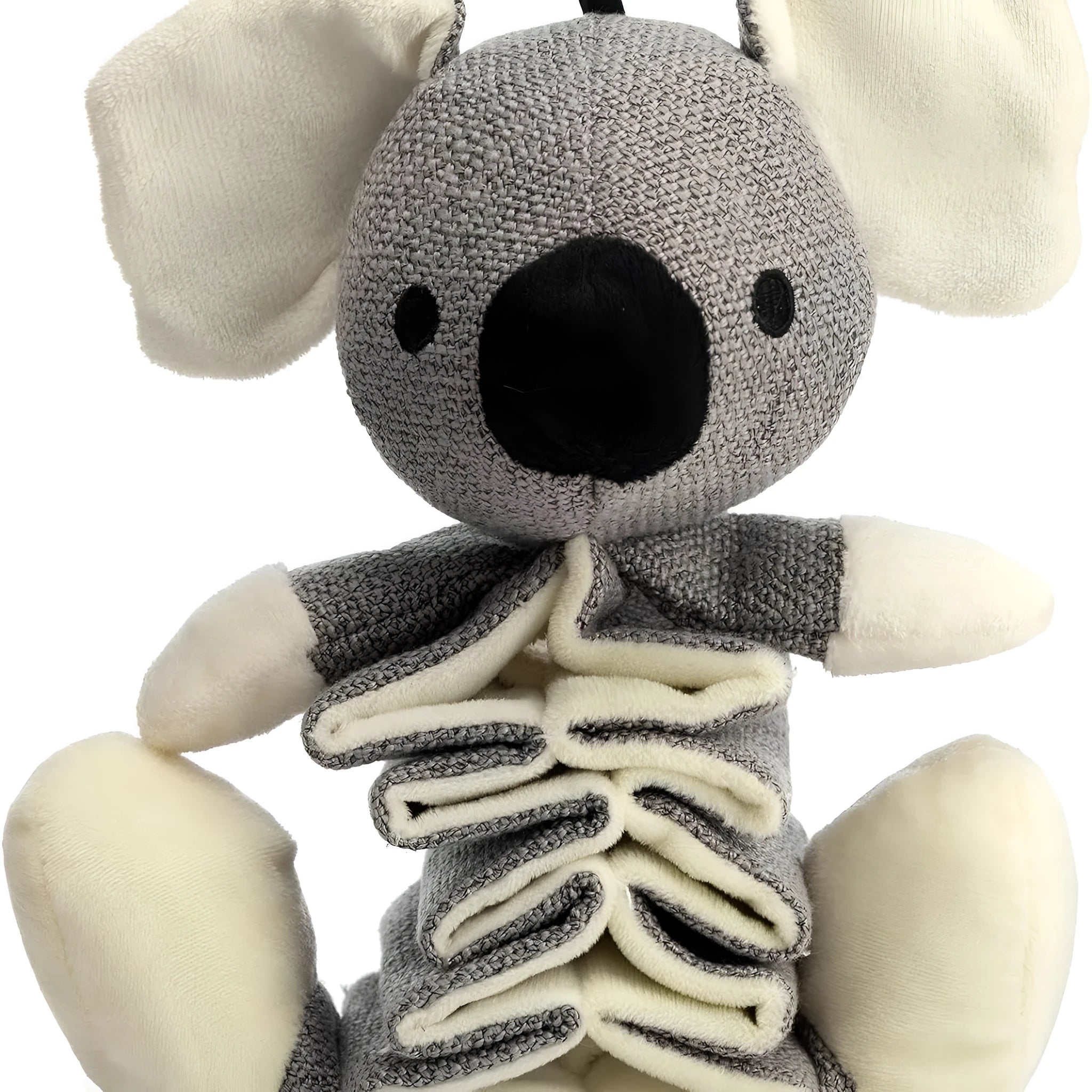 Gray koala-shaped dog chew toy with crinkle paper and squeaker, measuring 30cm.