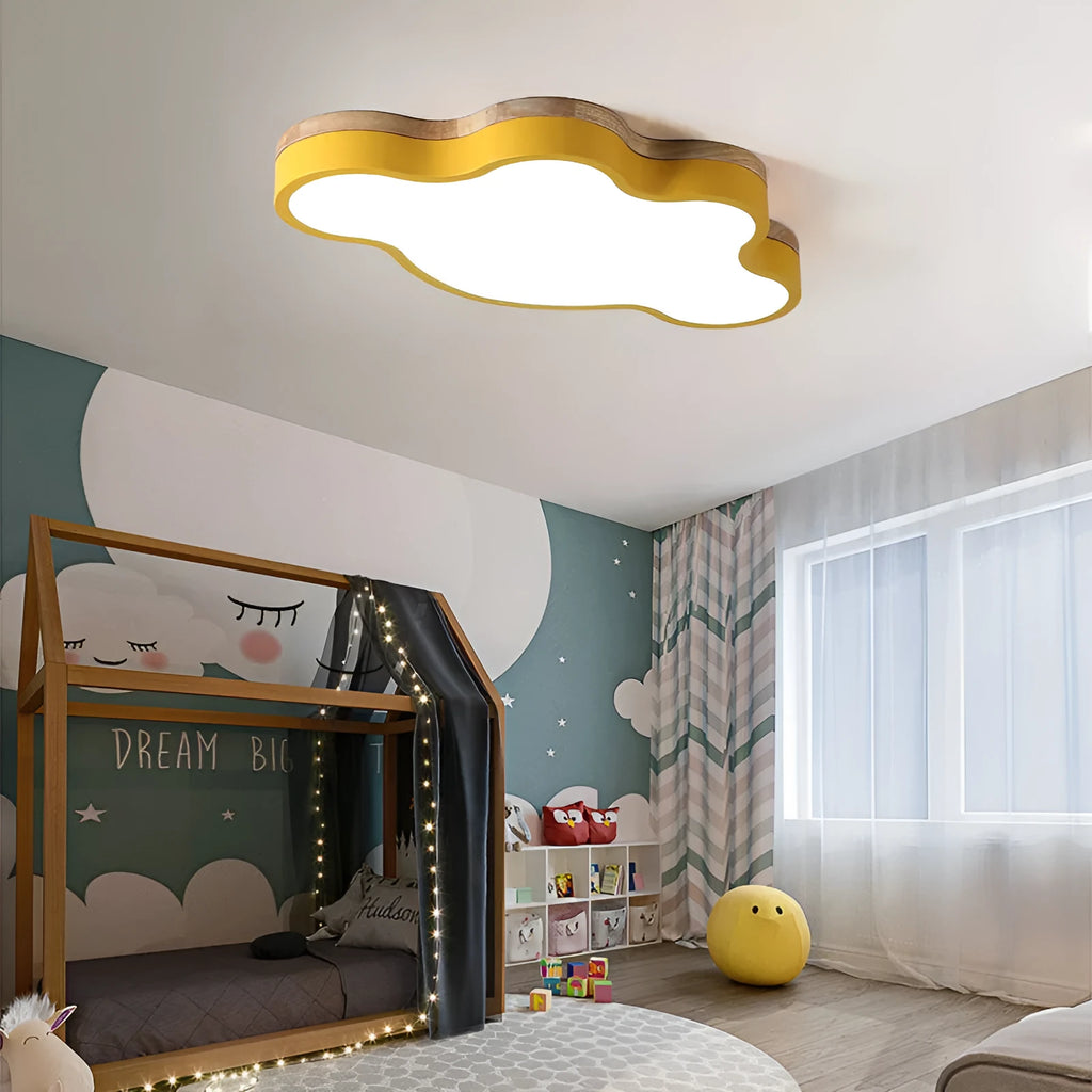 Cloud-shaped LED ceiling lamp with wooden finish in bedroom setting showing dimmable light options
